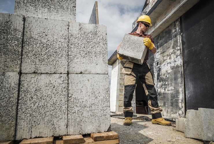 construction worker moving building